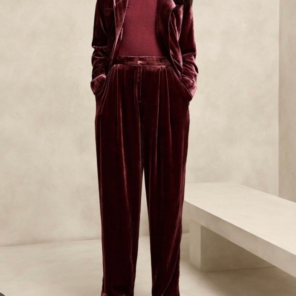 Banana Republic Norte Velvet Pleated Pants Size 10P Red Madder Wide Leg Nwt